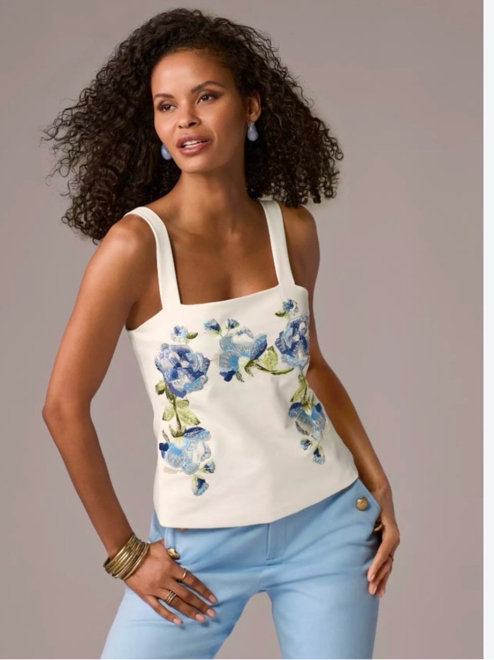 NWOT Boston Proper White Square-Neck Tank with Blue Floral Embroidery